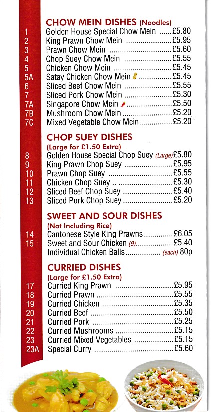 Menu of Golden House,Chinese Takeaway Penygraig Tonypandy